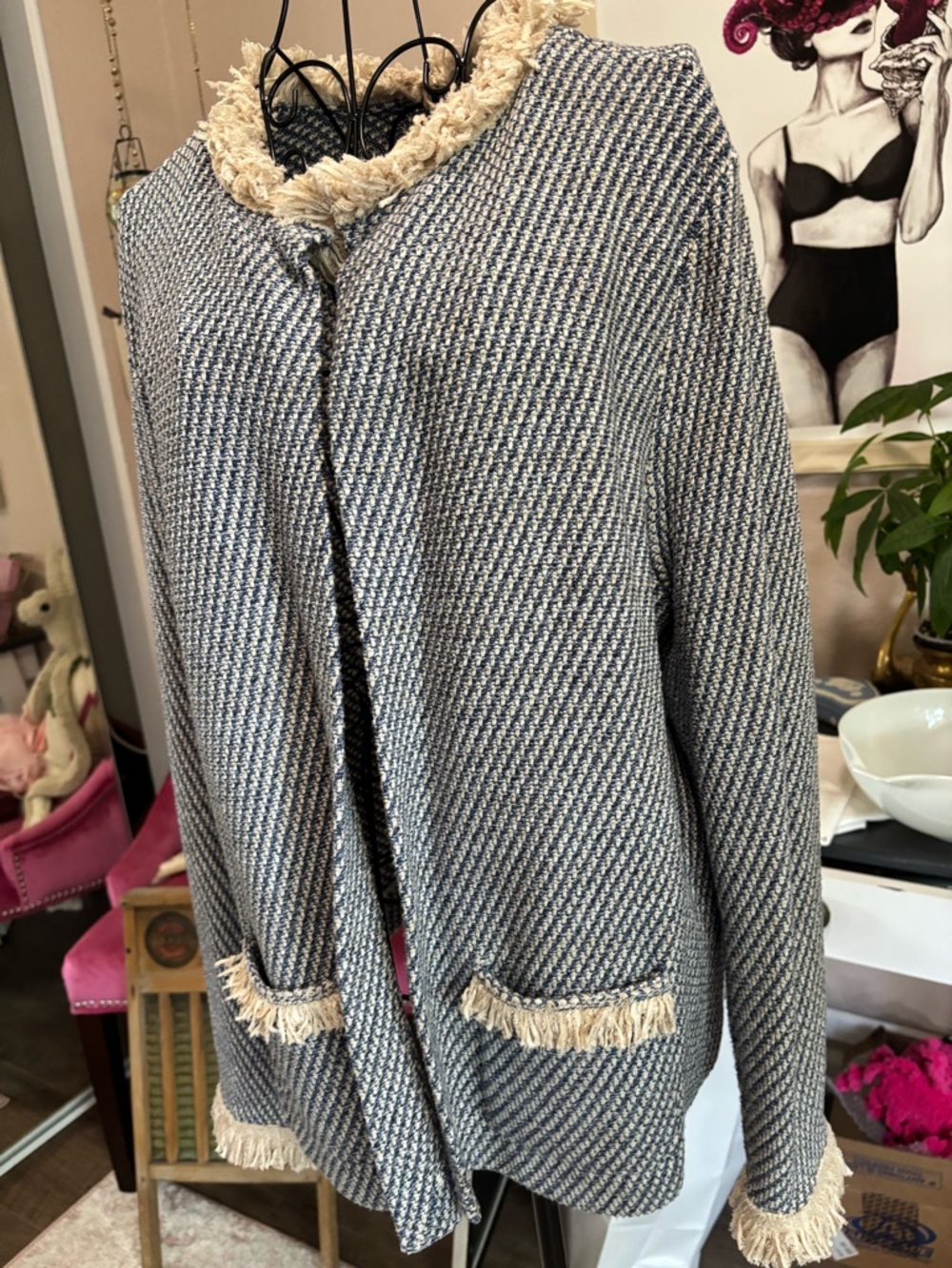 NIC+ZOE Navy and Cream Fringe Trim Open Cardigan - Picture 3 of 10